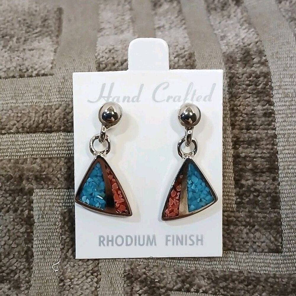 Vintage COP Hand Crafted Dangle Earrings Rhodium Finish Turquoise Coral Triangle